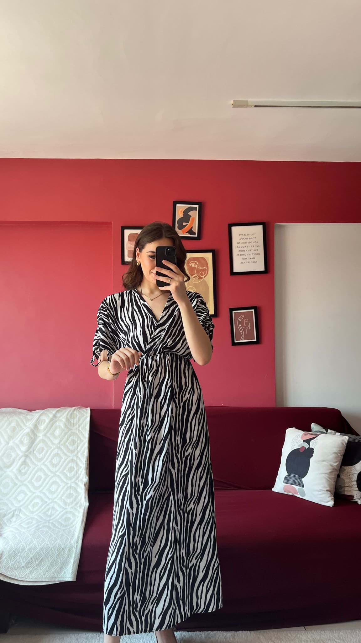 Zebra Desen Viskon Elbise resmi